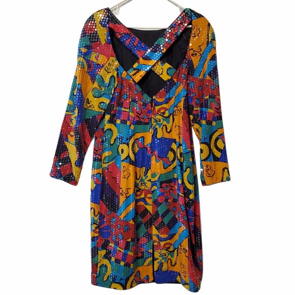 VTG 70s/80s Sequin Party Dress Women's S Colorful Midi Sheath Lined Zip Close - Picture 7 of 10